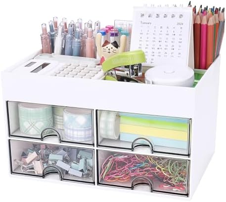 Desk Organizer, Office Organizer with Drawer, Desk Accessories & Workspace Organizers, Pen Holder Office Supplies for Desk (4 Drawers+4 Compartments, White) by Meiikun
