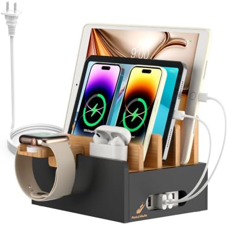 Bamboo Charging Station with USB Charger&Cables-Natural+Black by PezinHulin