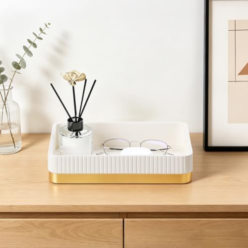 Valet Tray Organizer Bedside Nightstand Organizer Desk Catchall Tray (Ivory-Gold Trim) - Image 2