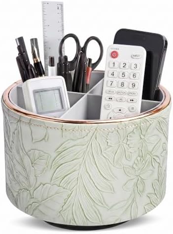 Round Leather Art Supply Organizer,Remote Control Holder,360 Degree Spinning,Multi-Functional Pencil Holder,4 Compartments Desktop Stationary Organizer(1-Golden Green2) by Hennaja