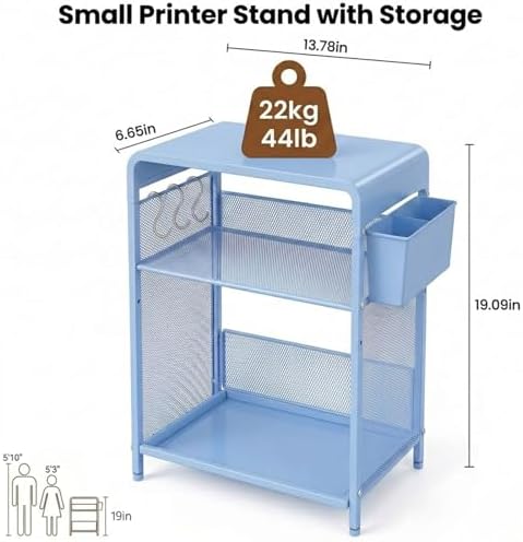 Small 3 Tier Printer Stand for Under Desk, Height Adjustable Shelf Printer Table with 3 S-Hooks & Basket, Heavy Duty Industrial Storage Shelf for Home Office (Blue) - Image 3