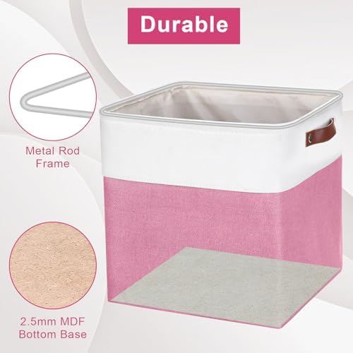 13x13 Cube Storage Bins, Collapsible Fabric Storage Box, 4 Pack Closet Baskets with Handles for Organizing, Shelf, Toys, Clothes, Home, Office, Nursery (Pink&White) - Image 4