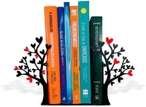 Tree Bookends with Heart-Shaped Leaves - Steel with Epoxy Coating and Wood Base - Decorative Pair of Book Holders for Shelves and Desk - Black with Red Accents – Geguton by GEGUTON