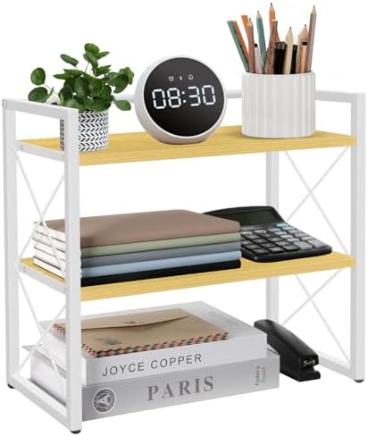 Desktop Shelf Organizer, 2 Tier Office Shelves, Wood Desk Organizer Storage Rack and Freestanding Display Shelf for Office, Dormitory, Home (White Wood) by YINMIT