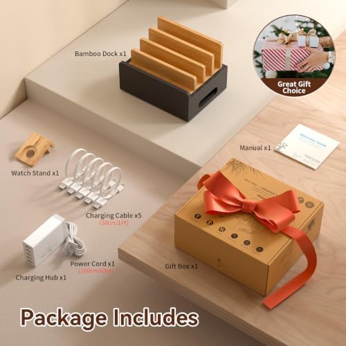 Bamboo Charging Station with USB Charger&Cables-Natural+Black - Image 7