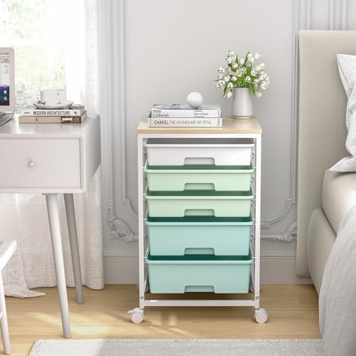 Rolling Cart with Drawers,5 Drawers Storage Cart,Light Green - Image 2