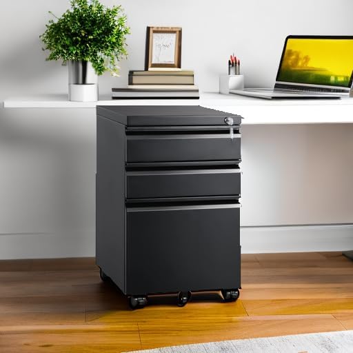 DEVAISE 3 Drawer Mobile File Cabinet with Lock, Under Desk Metal Filing Cabinet for Home Office/Legal/Letter/A4 File, Fully Assembled Except Wheels, Black - Image 6