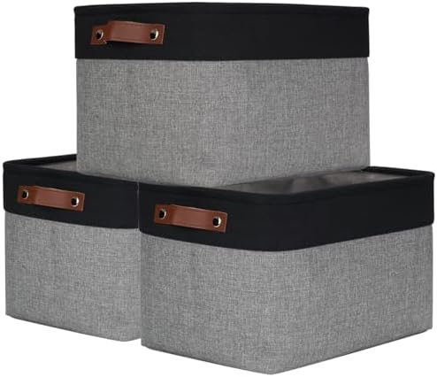 Storage Bins Large Fabric Storage Baskets for Shelves 3 Pack, Decorative Linen Closet Baskets with Handles for Organizing, Shelf, Clothes, Home, Office, 15x11x9.5Inches (Grey&Black) by Bagnizer
