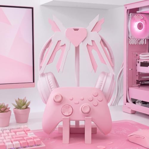 Mifoci Pink Mecha Headphone Stand with Gaming Controller Holder, Cute Wooden Controller and Headset Stand, Pink Computer Gaming Equipment Accessories for Office, Desk, Women Gamer, Birthday Gift by Mifoci