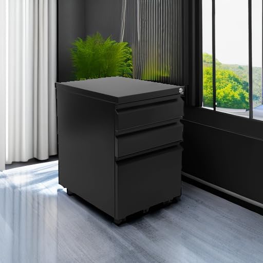 Mount-It! 3 Drawer File Cabinet with Lock and Wheels, Heavy-Duty Steel Rolling Drawer Cabinet, Fully Assembled Under Desk Filing Cabinet for Home Office Storage, 15.3" W x 19.75" D x 24.5" H, Black - Image 2