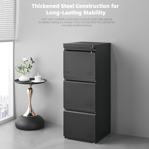Vertical 3 Drawer File Cabient with Lock, Metal Filing Cabinets for Home Office, Heavty Duty Office Storage Cabinet for A4/Letter/Legal (Matte Black) - Image 6