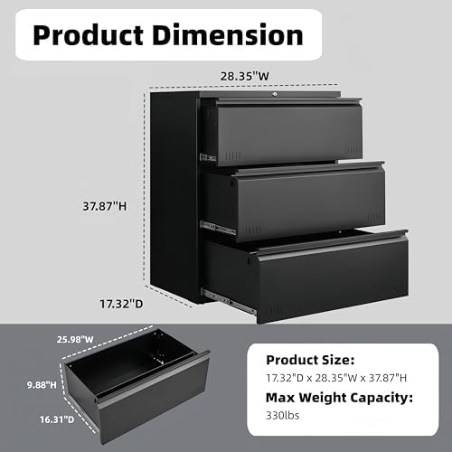 Lateral 3 Drawer File Cabient with Lock, Metal Filing Cabinets for Home Office, Heavty Duty Office Storage Cabinet for A4/Letter/Legal (Matte Black) - Image 2