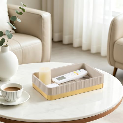 Valet Tray Organizer Bedside Nightstand Organizer Desk Catchall Tray (Beige-Gold Trim) - Image 6