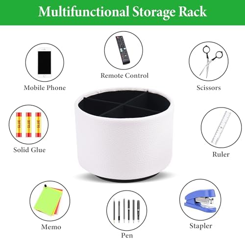 Round Leather Art Supply Organizer,Remote Control Holder,360 Degree Spinning,Multi-Functional Pencil Holder,4 Compartments Desktop Stationary Organizer(1-Lichee White) - Image 5