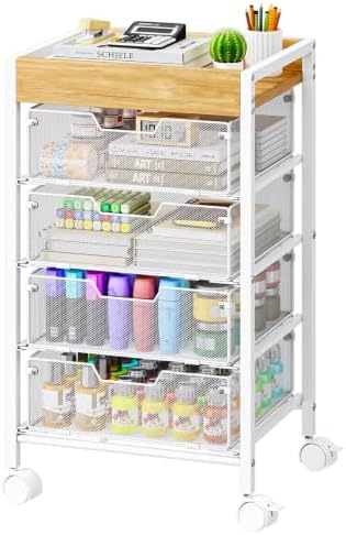 Rolling Cart with Drawers - Under Desk Storage Cart with Wheels, 4 Metal Drawers, Wood Top, Utility File Cart for Office Organization, Art, Craft, Classroom, Kitchen, Bedroom White by SwtyMiki-TidyHomeSweetLife