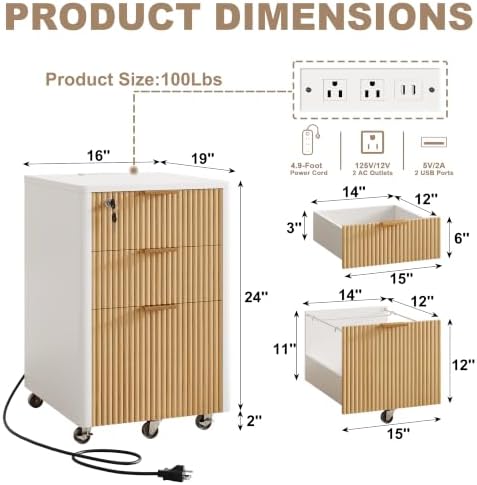 3 Drawers Fluted Mobile Filing Cabinet with Lock, Rolling File Cabinets Printer Stand Table with Charging Station, Under Desk for Home Office Essentials Storage Organization Furniture Letters/A4(Oak) - Image 2