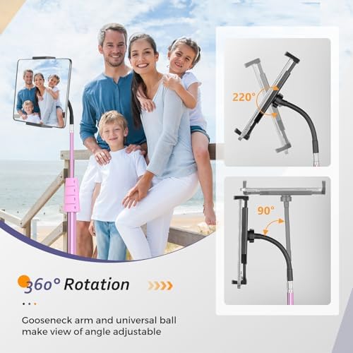 Aureday Adjustable Tripod Stand, 67” Height, Tablet Holder for iPad mini/Air/Pro, Kindle, Switch, Smartphones, 4.7”-12.9” Devices, Pink - Image 4