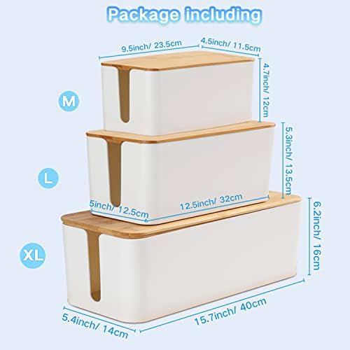 Cable Management Box Organizer, Set of 3 Bamboo Lid Storage Wires Holder to Cover Hide Surge Protector, Power Strips & Cords- with 5 Cables Fastening Tapes for Home, Office, Desk, PC, TV, USB Hub - Image 6