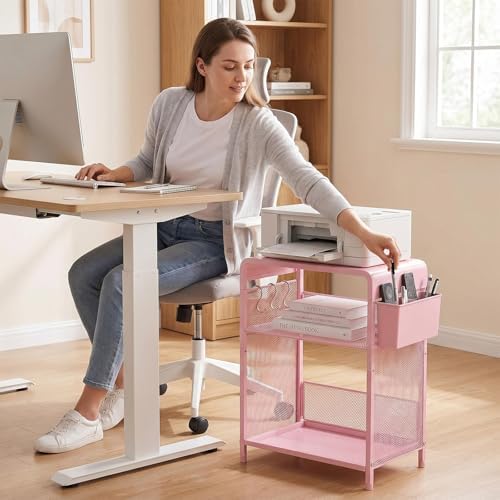 Small 3 Tier Printer Stand for Under Desk, Height Adjustable Shelf Printer Table with 3 S-Hooks & Basket, Heavy Duty Industrial Storage Shelf for Home Office (Pink) - Image 5