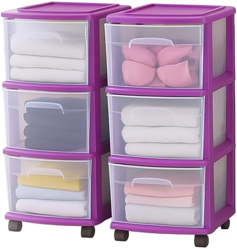 HOMZ Drawer Tower, 3-Tier Storage Cart w/ Removable Wheels, Purple, 2 Pack by Homz