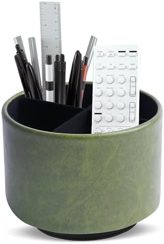 Round Leather Art Supply Organizer,Remote Control Holder,360 Degree Spinning,Multi-Functional Pencil Holder,4 Compartments Desktop Stationary Organizer(1-Oil Bamboo) by Hennaja