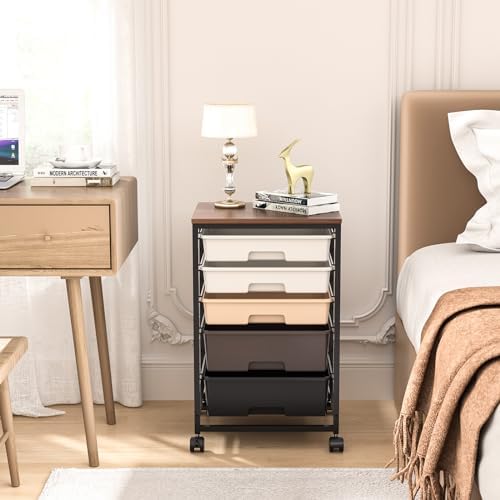 Rolling Cart with Drawers, 5 Drawers Utility Cart, Dark Brown - Image 2