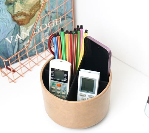 Round Leather Art Supply Organizer,Remote Control Holder,360 Degree Spinning,Multi-Functional Pencil Holder,4 Compartments Desktop Stationary Organizer(1-Oil Yellow) - Image 6