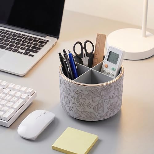 Round Leather Art Supply Organizer,Remote Control Holder,360 Degree Spinning,Multi-Functional Pencil Holder,4 Compartments Desktop Stationary Organizer(1-Golden Grey) - Image 6