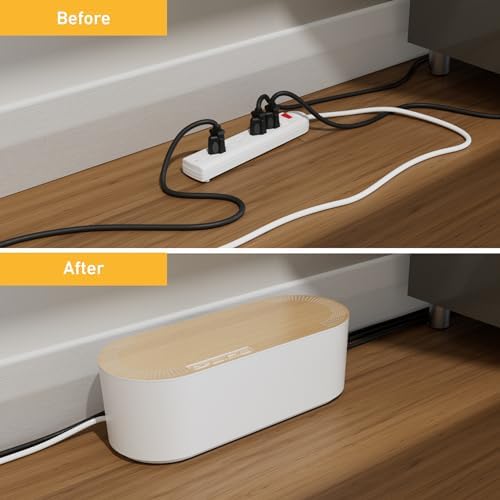 D-Line Cable Management Box, Power Strip Holder, Floor Outlet Hiders, Desk Cord Organizer, Cover TV Wires, Wire Storage, Extension Hider, Office Concealer for Cords - Small, Wood-Effect Lid - Image 6
