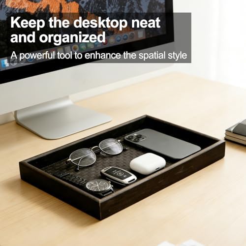 Wooden Valet Tray with Leather Base - Nightstand Catchall Organizer Desk Tray for Keys, Wallet, Men's Jewelry & Accessories(Black) (1, Black) - Image 3