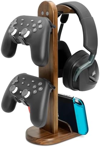 Controller Holder with Headphone Stand - Wood Gaming Controller Stand for Xbox PS5 PS4 Switch Pro, PC Gaming Accessories - Present Idea for Husband, Boyfriend, Gamers, Game Lover, Game Room Decor by GEVO