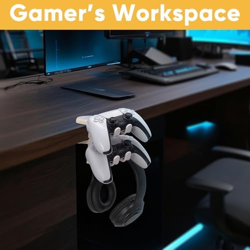 3-in-1 Under Desk Headphone Hanger with Adjustable Clamp Mount, 2 Controller Slots & 1 Headset Universal Holder Stand, Rotatable Hook Rack & Cable Organizer, for Home Gaming Xbox ps5 - White - Image 4
