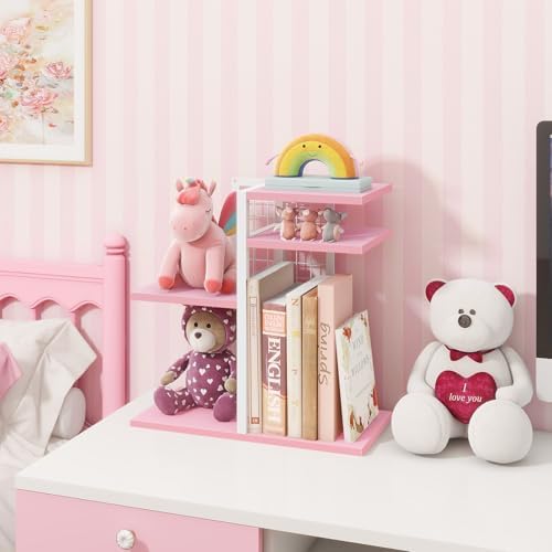 Desktop Bookshelf, Tiered Desk Organizer Shelf, Wooden Tabletop Bookshelf Small Desk Book Shelf, Dresser Top Organization Storage Rack and Desk Decorations for Women Office, Pink - Image 7