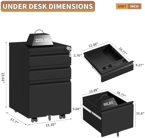 3 Drawer File Cabinet with Lock and Casters, Black - Image 2