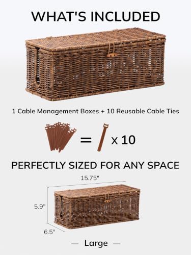 Cable Management Box, Cord Organizer with Lid & Ties-Braided Edging,Brown,L - Image 2