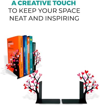 Tree Bookends with Heart-Shaped Leaves - Steel with Epoxy Coating and Wood Base - Decorative Pair of Book Holders for Shelves and Desk - Black with Red and Pink Accents – Geguton - Image 6