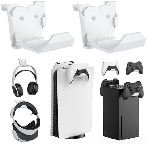 KUNSLUCK 2 Pack Controller Wall Mount for PS5, Xbox, Switch Controller, Wall Mount Stand for Controller&Headset, Adhesive/Screws Installation (White) by KUNSLUCK