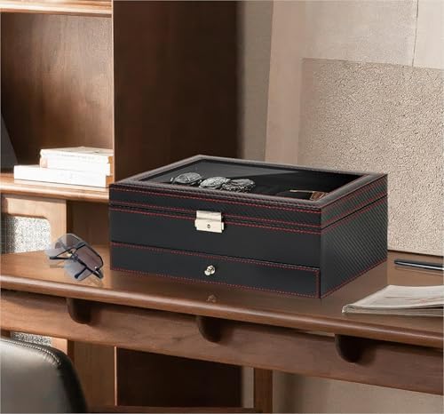 Mens Jewelry Box Organizer, 6 Watch Slots & 3 Sunglasses -Black - Image 5