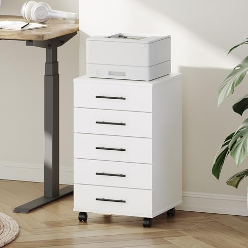 HOOBRO 5-Drawer File Cabinet, Office Filing Cabinet with Drawers, Wooden Mobile Storage Cabinet with Wheels, for Makeup, Home Office, Easy Assembly, White WT05WJ01G1 - Image 4