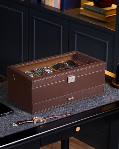 ProCase Mens Jewelry Box, Lockable 8 Slot Watch Case & 3 Slot Sunglasses Organizer, 2-layer Mens Jewelry Organizer Watch Box for Men, Watches Holder Display Storage, Fathers Day Gift -Brown - Image 3