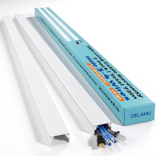 Delamu 72in Cord Hider Wall, TV Cable Hider Cord Covers for Wires on Wall, Large Cable Management Raceway, Paintable Wire Hiders Wire Covers for Cords for TV on Walls, 2 x L36 W1.18 H0.6in, White by DELAMU