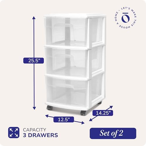 HOMZ Drawer Tower 3-Tier Storage Cart, Removable Wheels, White Frame,2 Pack - Image 3
