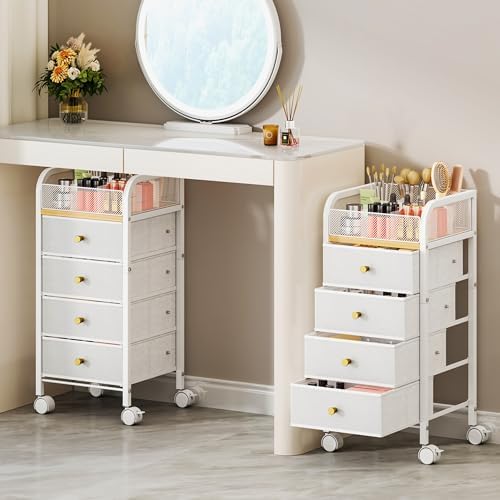Rolling Makeup Organizer Cart - Under Desk Vanity Makeup Storage with 4 Non-woven Drawers, Nail Cart Organizer Cosmetic Display Cases Cabinet for Skin Care Perfume Nail Polish Brush Hair Tool by SwtyMiki-TidyHomeSweetLife