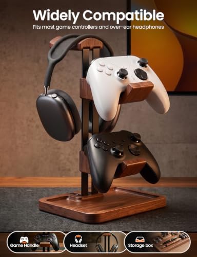 Walnut Headphone and Controller Stand, 2-in-1 Holder with Storage - Image 4