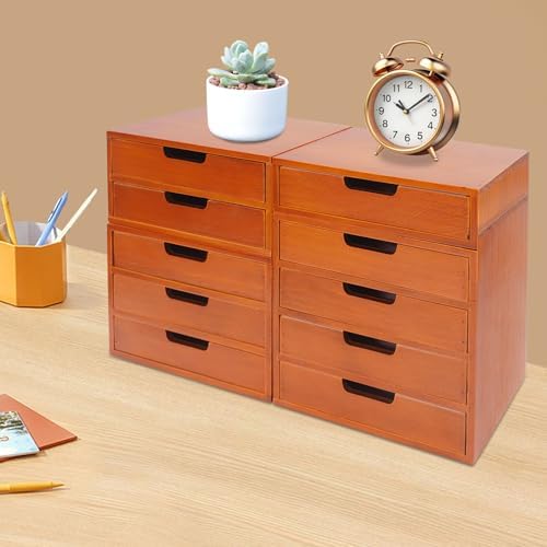 4-Piece Wood Drawer Cabinet Set, Desktop Storage Organizers, 10-Drawer Tabletop Storage Organizer, Desktop Wood Stackable Drawer Cabinet for Home Office Dormitory(Brown) - Image 3