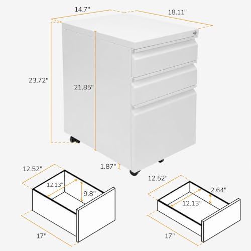 Mount-It! 3 Drawer File Cabinet with Lock and Wheels, Under Desk Storage Filing Pedestal for Home Office, No Assembly Small Rolling File Cabinet for Legal, Letter, and A4 Files in White - Image 3