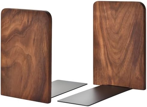 Book Ends, Black Walnut Wooden Bookends for Shelves - Heavy Duty Non-Slip Book Organizers, Upgraded Decorative Bookend Holders for Home, Kitchen, Office, Set of 2, Medium by VIVTOB