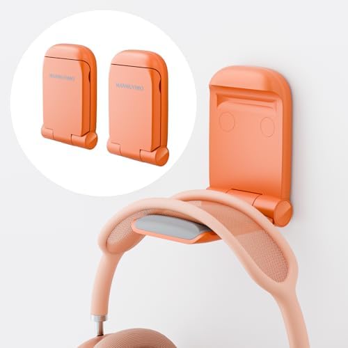 MAMUVIMO Headphone Stand, 2 Pack Headset Stand Foldable＆Sticky, Headphone Holder Hook Mount with Non-Slip Silicone, Adhesive Earphone Desk Hanger Clip Space-Saving for Airpods Max All Earphones Orange by MANMUVIMO