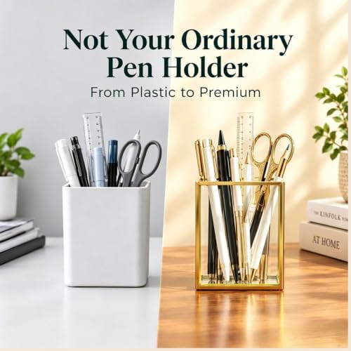 Glass Pen Holder for Desk, Gold Metal Frame Pen Organizer - Image 3