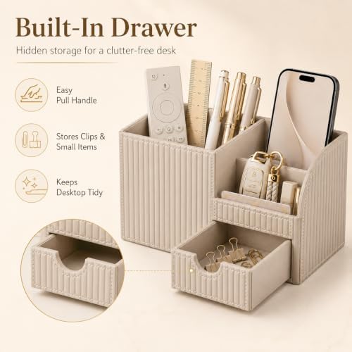 Luxury PU Leather Desk Organizer with Drawer, Modern Aesthetic Office Desk Accessories for Men & Women, Multi-Compartment Pen Holder & Desktop Storage Organizer for Home Office - Image 3